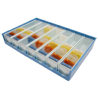 Bandeja de Medicación Semanal.Dimensión bandeja:  356 x 231 x 56 mm Dimensión de dispensador individual:
43 x 220 x 46 mm.-Leer más