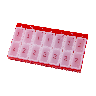 Pastillero semanal
2 tomas diarias en cada uno. 
Color: azul y rojo
Dimensión Pastillero:
174 x 93 x 20 mm
Dimensión pastillero extraíble:
24 x 77 x 17 mm
Dimensión compartimento:
20 x 36 x 16 mm-Leer más