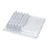Bandeja de distribución diaria de medicamentos con 19 dispensadores. Dimensión bandeja: 440 x 340 mm Dimensión de dispensador individual:
222 x 68 x 15 mm Dimensión compartimento: 43 x 25 x 15 mm