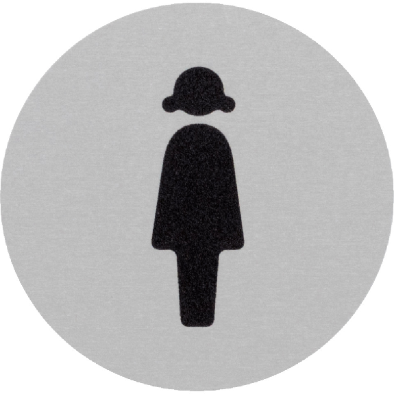 Türschild Piktogramm Damen-Toilette, Aluminium, selbstklebend, Ø 60mm-Beschreibung lesen