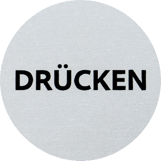 Türschild Drücken, Vollaluminium, silber eloxiert, selbstklebend, Ø 60mm-Beschreibung lesen