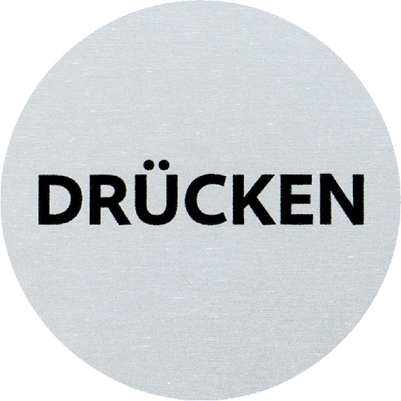 Türschild Drücken, Vollaluminium, silber eloxiert, selbstklebend, Ø 60mm-Beschreibung lesen