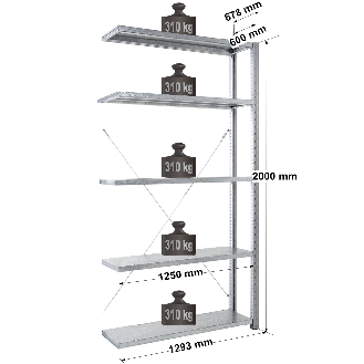 Rayonnage - kit suivant galva H. 2000 mm L. 1250 mm P. 600 mm 5 niv.-Lire la description
