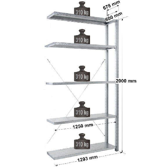 Rayonnage - kit suivant galva H. 2000 mm L. 1250 mm P. 600 mm 5 niv. Rayonnage - kit suivant galva H. 2000 mm L. 1250 mm P. 600 mm 5 niv.-Lire la description