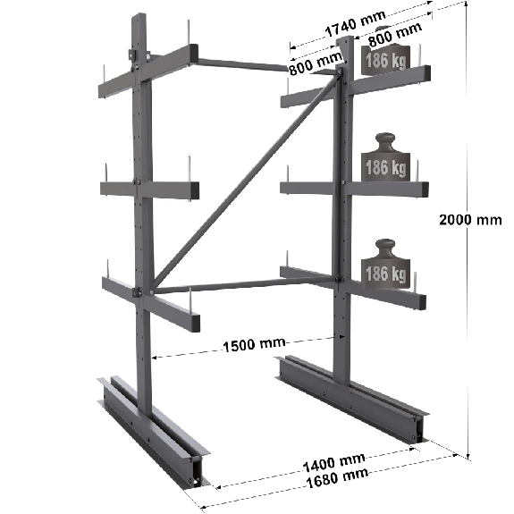 Cantilever léger double face - Kit départ H. 2000 x L. 1500 x P. 800 mm 3 niv. Cantilever léger double face - Kit départ H. 2000 x L. 1500 x P. 800 mm 3 niv.-Lire la description