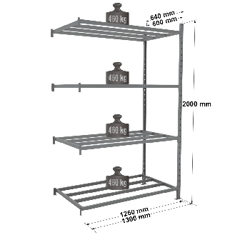 Rayonnage - Kit suivant tubulaire peint 2000x1260x600mm 4 niv.-Lire la description