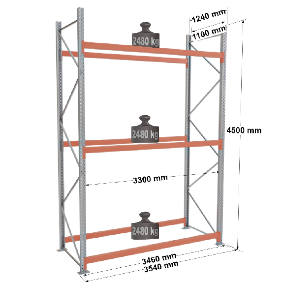 Rack - Kit départ 4500x3300x1100 mm 3 niveaux de stockage palette Rack - Kit départ 4500x3300x1100 mm 3 niveaux de stockage palette-Lire la description