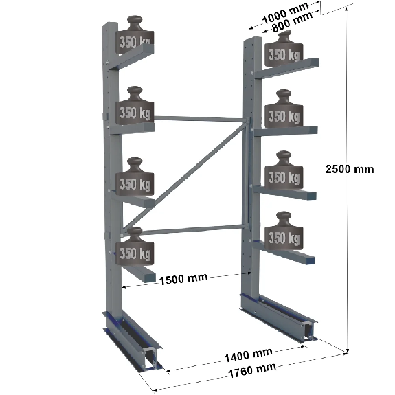 Cantilever lourd simple face - Kit départ H. 2500 x L. 1500 x P. 800 mm 4 niv. Cantilever lourd simple face - Kit départ H. 2500 x L. 1500 x P. 800 mm 4 niv.-Lire la description