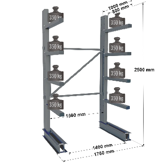 Cantilever lourd simple face - Kit départ H. 2500 x L. 1500 x P. 800 mm 4 niv.-Lire la description