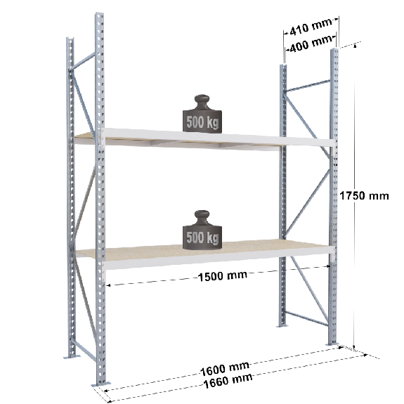 Rayonnage - kit départ 1750x1500x400 mm 2 niv - 500 kg/niveau Rayonnage - kit départ 1750x1500x400 mm 2 niv - 500 kg/niveau-Lire la description