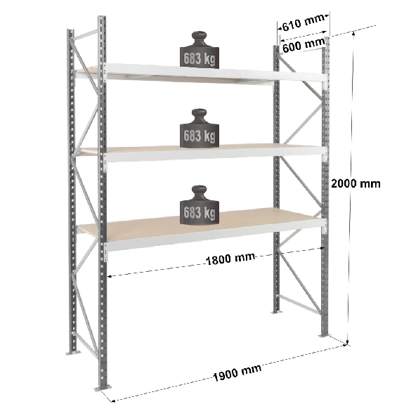 Rayonnage - kit départ 2000x1800x600 mm 3 niv. - 683 kg/niveau Rayonnage - kit départ 2000x1800x600 mm 3 niv. - 683 kg/niveau-Lire la description