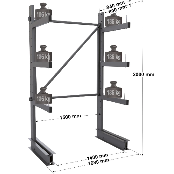 Cantilever léger simple face - Kit départ H. 2000 x L. 1500 x P. 800 mm 3 niv. Cantilever léger simple face - Kit départ H. 2000 x L. 1500 x P. 800 mm 3 niv.-Lire la description