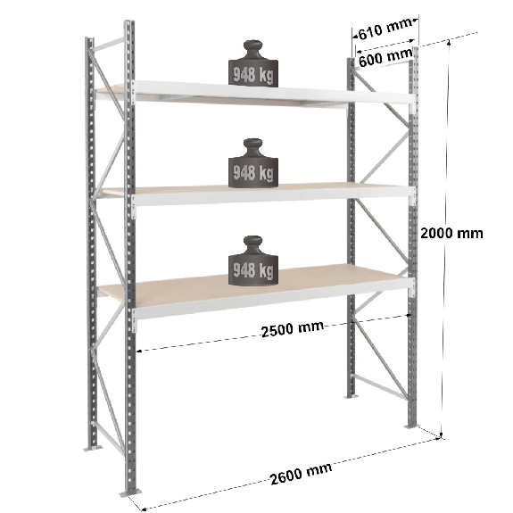 Rayonnage - kit départ 2000x2500x600 mm 3 niv. - 948 kg/niveau Rayonnage - kit départ 2000x2500x600 mm 3 niv. - 948 kg/niveau-Lire la description