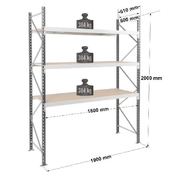 Rayonnage - kit départ 2000x1800x600 mm 3 niv. - 384 kg/niveau Rayonnage - kit départ 2000x1800x600 mm 3 niv. - 384 kg/niveau-Lire la description