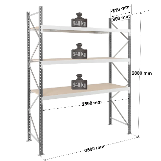 Rayonnage - kit départ 2000x2500x800 mm 3 niv. - 948 kg/niveau-Lire la description