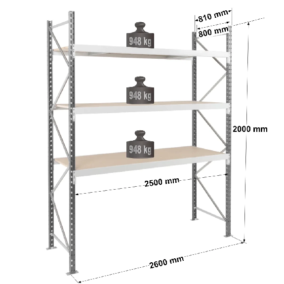 Rayonnage - kit départ 2000x2500x800 mm 3 niv. - 948 kg/niveau Rayonnage - kit départ 2000x2500x800 mm 3 niv. - 948 kg/niveau-Lire la description