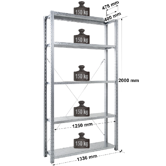 Rayonnage - kit départ galvanisé H. 2000 mm L. 1250 mm P. 400 mm 5 niv. Rayonnage - kit départ galvanisé H. 2000 mm L. 1250 mm P. 400 mm 5 niv.-Lire la description
