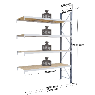 Rayonnage - kit suivant 2500x2500x800 mm 4 niv. - 948 kg/niveau-Lire la description