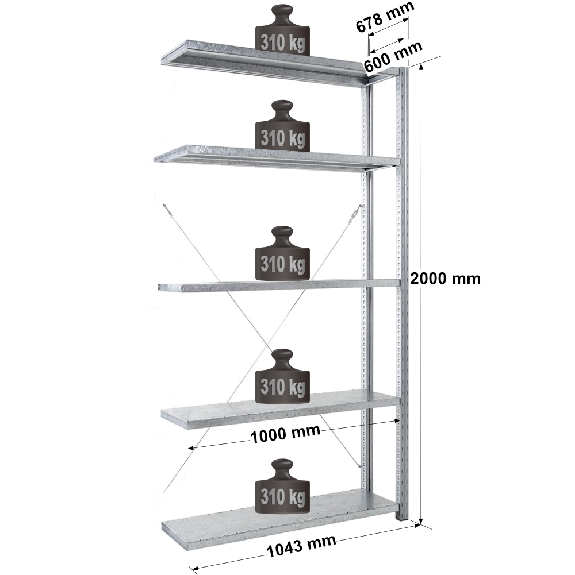 Rayonnage Adaptiv XL - kit suivant galva H. 2000 mm L. 1000 mm P. 600 mm 5 niv. Rayonnage Adaptiv XL - kit suivant galva H. 2000 mm L. 1000 mm P. 600 mm 5 niv.-Lire la description
