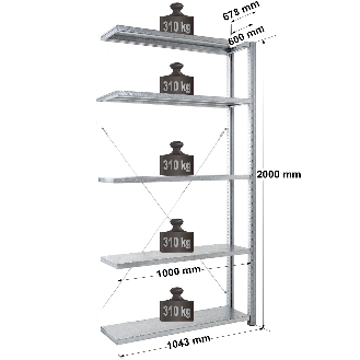 Rayonnage Adaptiv XL - kit suivant galva H. 2000 mm L. 1000 mm P. 600 mm 5 niv.-Lire la description