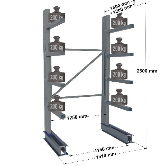 Cantilever lourd simple face - Kit départ H. 2500 x L. 1250 x P. 1200 mm 4 niv. Cantilever lourd simple face - Kit départ H. 2500 x L. 1250 x P. 1200 mm 4 niv.-Lire la description