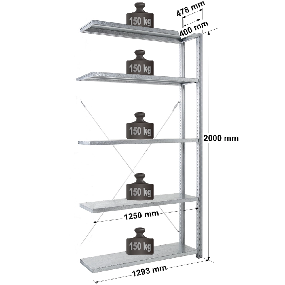 Rayonnage - kit suivant galvanisé H. 2000 mm L. 1250 mm P. 400 mm 5 niv. Rayonnage - kit suivant galvanisé H. 2000 mm L. 1250 mm P. 400 mm 5 niv.-Lire la description