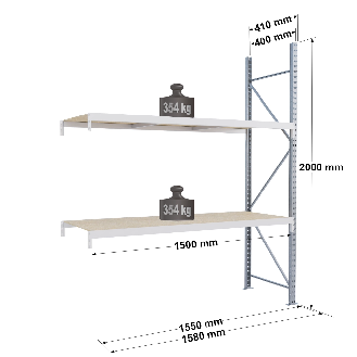 Rayonnage - kit suivant 2000x1500x400 mm 2 niv - 354 kg/niveau-Lire la description