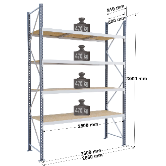 Rayonnage industriel 4 niveaux 470 kg/niveau-Lire la description