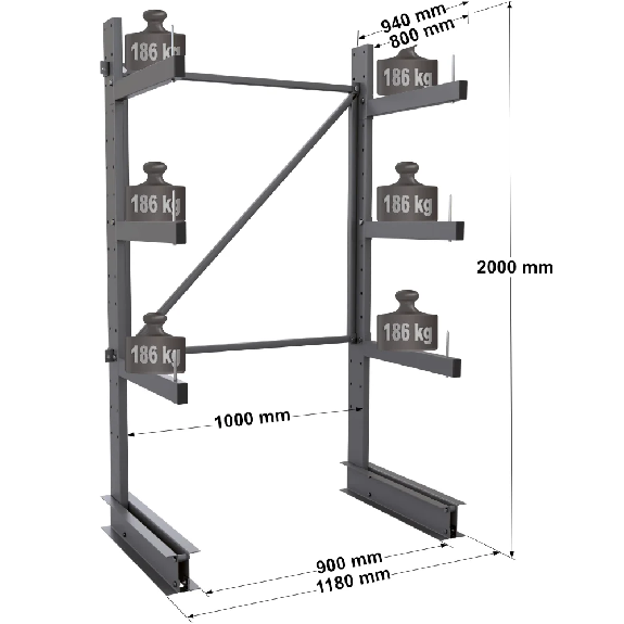 Cantilever léger simple face - Kit départ H. 2000 x L. 1000 x P. 800 mm 3 niv. Cantilever léger simple face - Kit départ H. 2000 x L. 1000 x P. 800 mm 3 niv.-Lire la description
