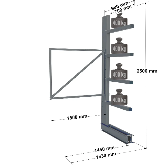 Cantilever lourd simple face - Kit suivant H. 2500 x L. 1500 x P. 700 mm 4 niv. Cantilever lourd simple face - Kit suivant H. 2500 x L. 1500 x P. 700 mm 4 niv.-Lire la description