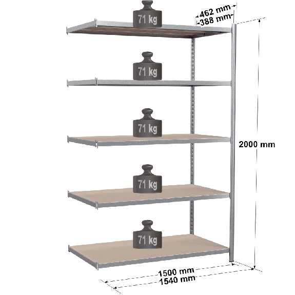 Rayonnage - Kit suivant galvanisé 2000x1500x388 mm 5 niv. Rayonnage - Kit suivant galvanisé 2000x1500x388 mm 5 niv.-Lire la description