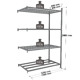 Rayonnage - Kit suivant tubulaire peint 2000x1260x800mm 4 niv.-Lire la description