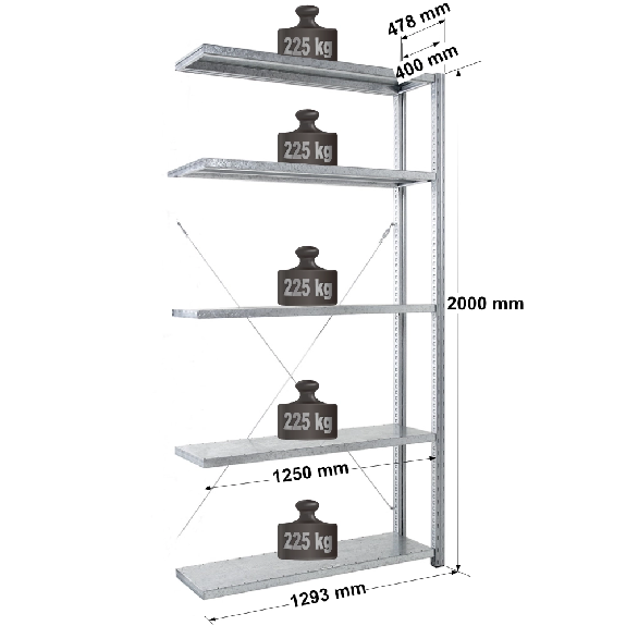 Rayonnage Adaptiv XL - kit suivant galva H. 2000 mm L. 1250 mm P. 400 mm 5 niv. Rayonnage Adaptiv XL - kit suivant galva H. 2000 mm L. 1250 mm P. 400 mm 5 niv.-Lire la description