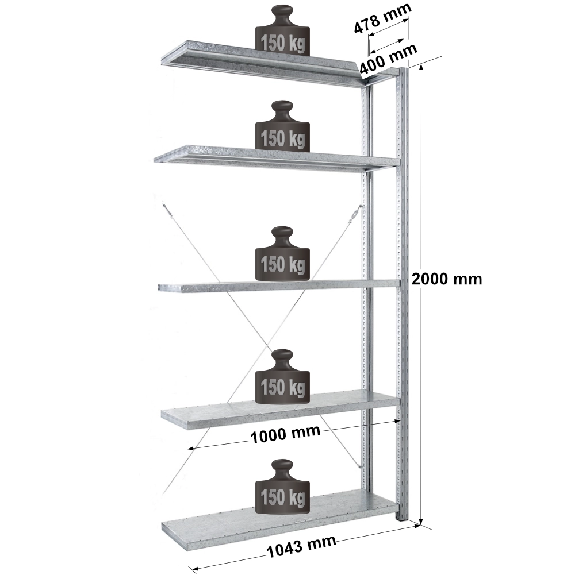 Rayonnage - kit suivant galvanisé H. 2000 mm L. 1000 mm P. 400 mm 5 niv. Rayonnage - kit suivant galvanisé H. 2000 mm L. 1000 mm P. 400 mm 5 niv.-Lire la description