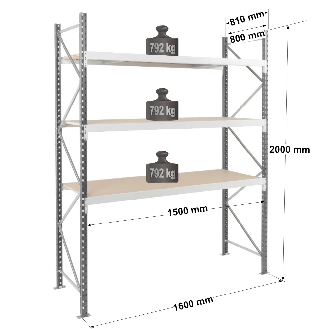Rayonnage - kit départ 2000x1500x800 mm 3 niv. - 792 kg/niveau-Lire la description