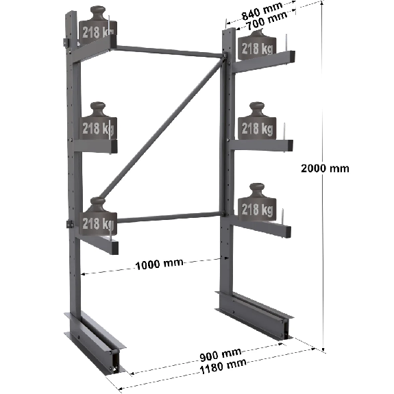 Cantilever léger simple face - Kit départ H. 2000 x L. 1000 x P. 700 mm 3 niv. Cantilever léger simple face - Kit départ H. 2000 x L. 1000 x P. 700 mm 3 niv.-Lire la description