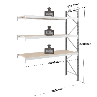 Rayonnage - kit suivant 2000x2500x600 mm 3 niv. - 948 kg/niveau-Lire la description