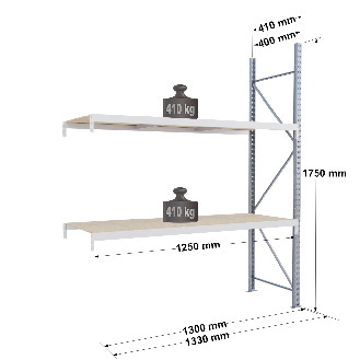Rayonnage - kit suivant 1750x1250x400 mm 2 niv - 410 kg/niveau-Lire la description