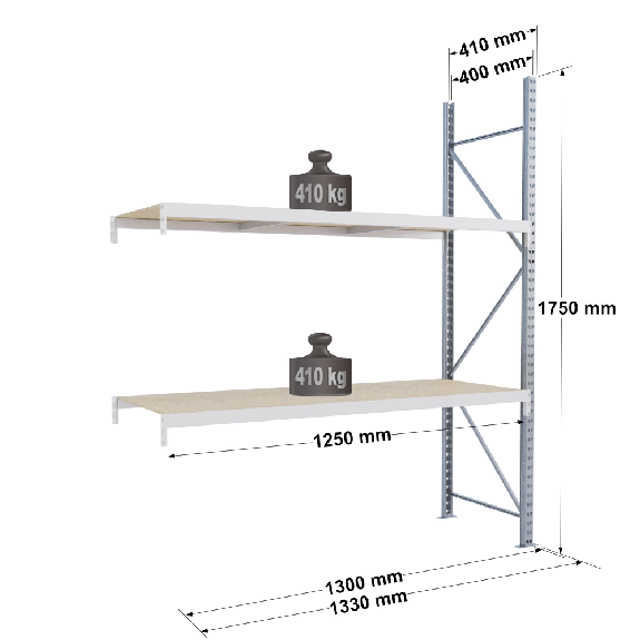 Rayonnage - kit suivant 1750x1250x400 mm 2 niv - 410 kg/niveau Rayonnage - kit suivant 1750x1250x400 mm 2 niv - 410 kg/niveau-Lire la description