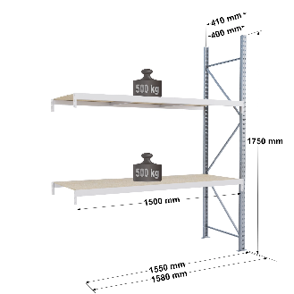 Rayonnage - kit suivant 1750x1500x400 mm 2 niv - 500 kg/niveau-Lire la description