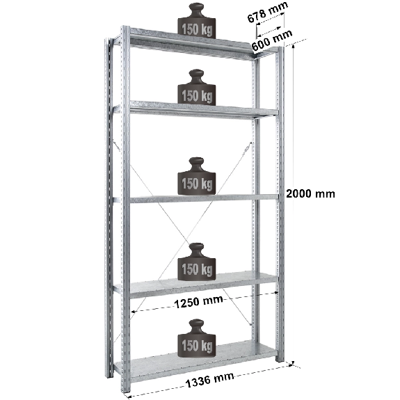 Rayonnage - kit départ galvanisé H. 2000 mm L. 1250 mm P. 600 mm 5 niv. Rayonnage - kit départ galvanisé H. 2000 mm L. 1250 mm P. 600 mm 5 niv.-Lire la description