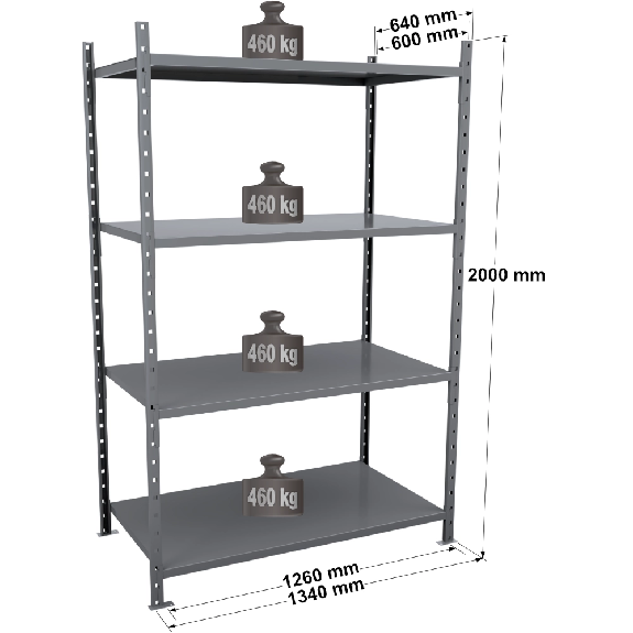 Rayonnage - Kit départ tôlé peint 2000x1260x600mm 4 niv. Rayonnage - Kit départ tôlé peint 2000x1260x600mm 4 niv.-Lire la description