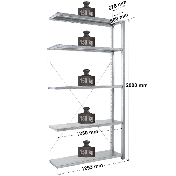 Rayonnage - kit suivant galvanisé H. 2000 mm L. 1250 mm P. 600 mm 5 niv. Rayonnage - kit suivant galvanisé H. 2000 mm L. 1250 mm P. 600 mm 5 niv.-Lire la description