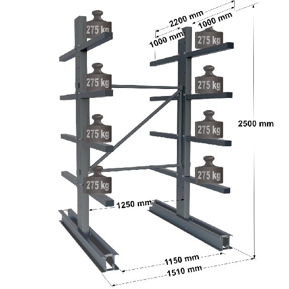 Cantilever lourd double face - Kit départ H. 2500 x L. 1250 x P. 1000 mm 4 niv.-Lire la description