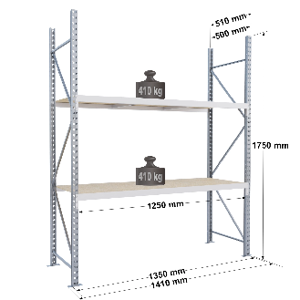 Rayonnage - kit départ 1750x1250x500 mm 2 niv - 410 kg/niveau-Lire la description