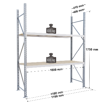 Rayonnage - kit départ 1750x1000x400 mm 2 niv - 496 kg/niveau-Lire la description