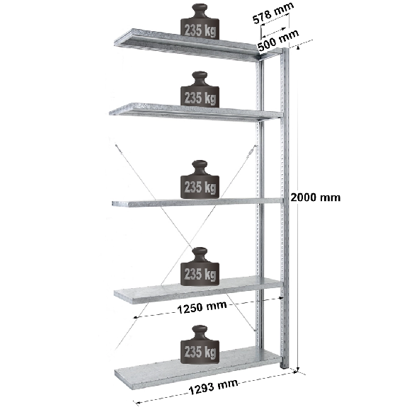 Rayonnage Adaptiv XL - kit suivant galva H. 2000 mm L. 1250 mm P. 500 mm 5 niv.-Lire la description