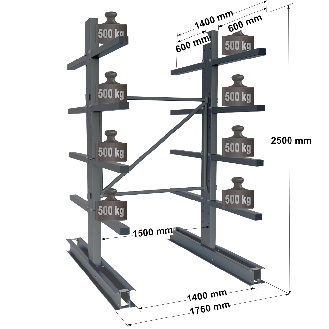 Cantilever lourd double face - Kit départ H. 2500 x L. 1500 x P. 600 mm 4 niv.-Lire la description