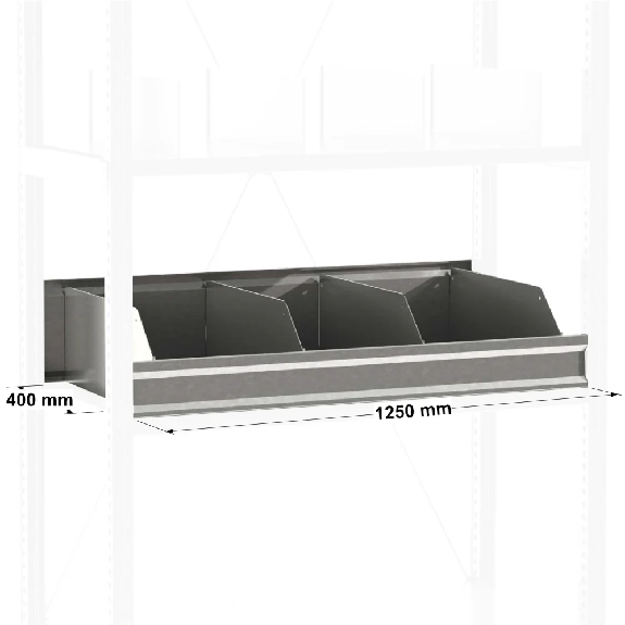 Casier de rangement avec 4 séparations galva L. 1250 x P. 400 mm Casier de rangement avec 4 séparations galva L. 1250 x P. 400 mm-Lire la description