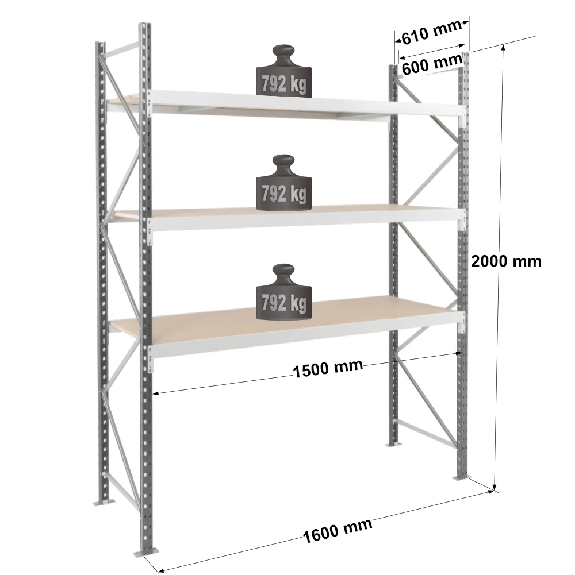 Rayonnage - kit départ 2000x1500x600 mm 3 niv. - 792 kg/niveau Rayonnage - kit départ 2000x1500x600 mm 3 niv. - 792 kg/niveau-Lire la description